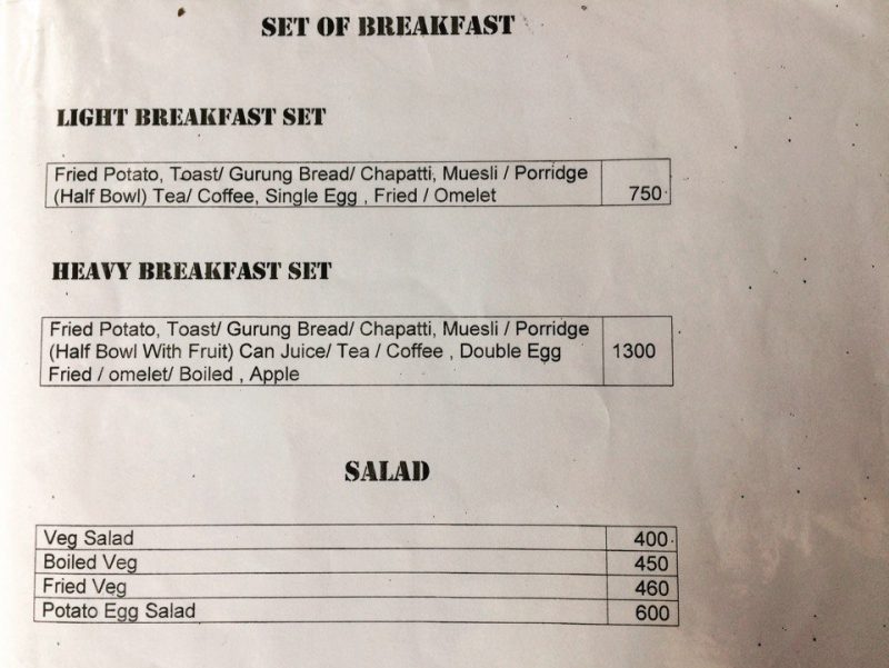 Завтраки и цены треккинг в Непале